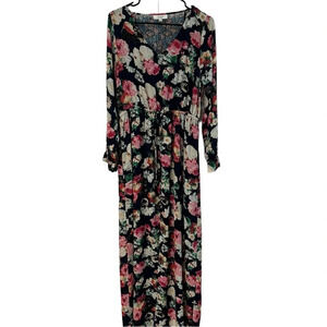 Umgee Long Sleeve Floral Maxi Dress Front‎ Slit Drawstring Waist Black SZ Large